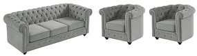 Kanapa 3-osobowa i 2 fotele CHESTERFIELD - Jasnoszary welur