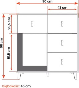 Komoda Wousia 90 cm – 4 szuflady i szafka, biała komoda skandynawska