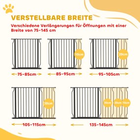 PawHut Bramka Ochronna dla Psów z Systemem Dwustronnego Otwierania, Zamocowanie Ścienne z Przyciskiem, Regulowana od 75 do 145 cm