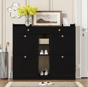Czarna szafka na buty z 4 uchylnymi drzwiami i 2 szufladami – do przedpokoju i na korytarz