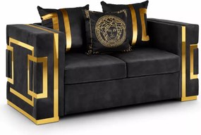 Sofa Magnelio 2-osobowa czarna welurowa z złotymi detalami – styl glamour