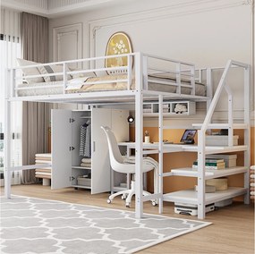 Łóżko piętrowe 140 x 200 cm z biurkiem, szafą i półkami - Metal + MDF - Białe (bez materaca)