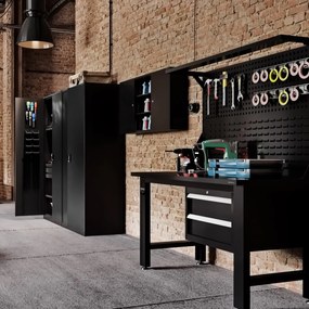 Biurko warsztatowe LOGAN, 1500 x 1700 x 750 mm, All Black: czarne