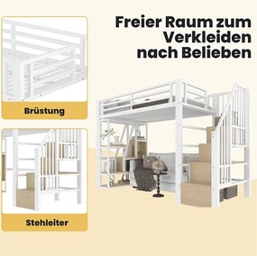 Łóżko piętrowe dla dzieci - 90 x 200 cm - rama żeliwna - ze schodami i półką do przechowywania + diody LED - płyta MDF + metal - białe