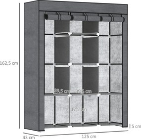 HOMCOM Szafa z Tkaniny, Rozwiązanie do Przechowywania, 8 Regałów, 2 Drążki na Ubrania, Ciemnoszary