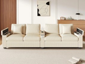 Nowoczesna kanapa 4-osobowa - ze składanym środkowym podłokietnikiem - z portami ładowania USB/USB-C - Welur żebrowany - beżowy