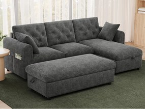 Nowoczesna sofa welurowa - z szezlongiem i pufą - z miejscem do przechowywania - możliwość montażu po lewej lub prawej stronie - Szara