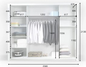 Szafa Przesuwna ELDRI 258 cm z Lustrem Szafa Trzydrzwiowa, Biały