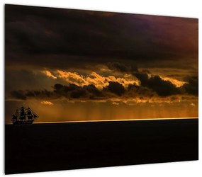Obraz na szkle - żaglówka o zachodzie słońca (70x50 cm)