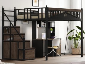 Łóżko antresolowe metalowe 140x200 cm - z drabinką ze schowkiem - Czarne (materac nie jest dołączony)