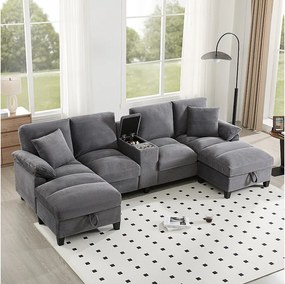 Sofa w kształcie litery U 4-osobowa ze schowkiem + uchwytami na kubki + portami USB - 293 x 142 x 93 cm - Aksamit - szary