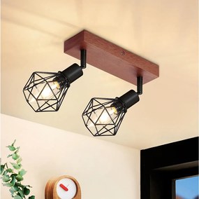 NETTLIFE 2 Vintage Black Wood Sufitowe reflektory E14 Regulowane 350° w metalu, Oświetlenie sufitowe do kuchni, salonu, sypialni, maks. 25 W