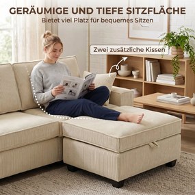 HOMCOM Narożnik z pufą z pojemnikiem, sztruks, 3-osobowy sofa w kształcie L z wypełnieniem sprężynowym, szerokie siedzisko, beżowy | Aosom PL