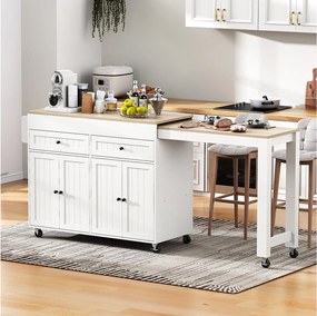 Wyspa kuchenna na kółkach - rozkładana wyspa kuchenna z blatem + 2 szuflady - MDF - biała