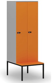 Drewniana szafa ubraniowa z ławką, 2-drzwiowa, 1871 x 600 x 500/800 mm, demontaż, zamek mechaniczny z kodem, szary/pomarańczowy