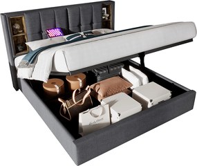 Łóżko dla dorosłych 140x200 cm - z zagłówkiem i schowkiem, USB, typ C, stelaż - szare - materac wliczony w cenę
