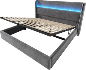 Łóżko z pojemnikiem 180x200 cm Łóżko podwójne z USB i LED, tapicerowany zagłówek - szary len (bez materaca)