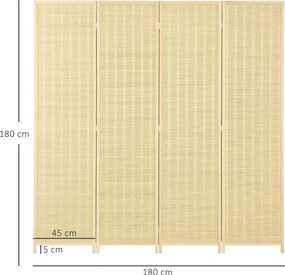 HOMCOM 4-częściowy Parawan 180 x 180 cm, Składany Ekran z Bambusa i Bawełny do Salonu, Sypialni, Naturalny