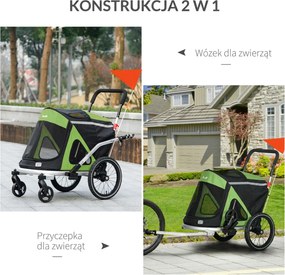 PawHut 2 w 1 Wózek dla Psa Wózek do Biegania z Psem Przyczepa Rowerowa, 2 Elementy Odblaskowe, 1 Linka Bezpieczeństwa, 150 x 68 x 95 cm, Zielony