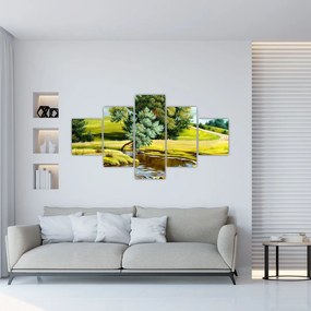 Obraz - rzeka między łąkami, obraz olejny (125x70 cm)
