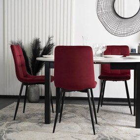 Zestaw Stół Okrągły Rozkładany HARRY 102-142 cm Biały/Czarny i 4 Krzesła Tapicerowane do Jadalni PERU Bordowe Welurowe Loft