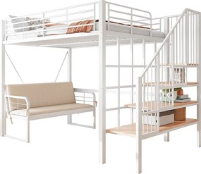 Łóżko piętrowe dla dzieci - 140 x 200 cm - z wyjmowaną sofą + drabinka ze schowkiem - rama metalowa - białe
