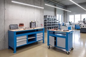 Kontener G9, 1 półka, 1 szafka, z regulacją wysokości, 675 x 595 x 715-975 mm, szary/niebieski