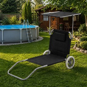 Leżak plażowy Solmare z daszkiem i kołami - składany leżak ogrodowy, czarny