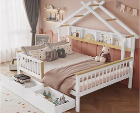 Łóżko dziecięce 140×200 cm - z 2 szufladami - w kształcie dachu - z schowkiem - MDF + Drewno lite - białe