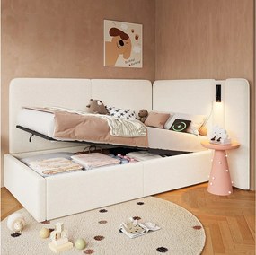 Tapicerowane łóżko dzienne dla dzieci - 90 x 200 cm - z hydraulicznym schowkiem + portem USB + lampką do czytania - tkanina pętelkowa - beż