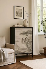 Komoda z MDF z 2 dekoracyjnymi drzwiami z motywem w odcieniu vintage szaro-sepiowym