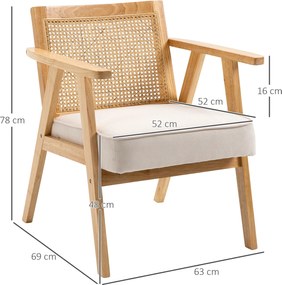 HOMCOM Egzotyczny Fotel Tapicerowany, Drewno Kauczukowe, Poduszka o Wyglądzie Lnu, 63D x 69S x 78W cm, Kremowy