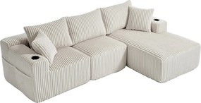 Narożnik z uchwytem na kubek - 3-osobowa sofa z pięcioma poduszkami i kieszeniami bocznymi - beżowy sztruks