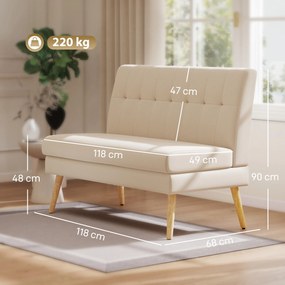 HOMCOM Sofa 2-osobowa, pikowane oparcie, nogi drewniane, grube wypełnienie, efekt lnu, do małych pomieszczeń, beżowy