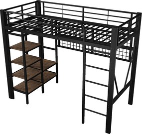 Łóżko na antresoli 90x200 cm - Konstrukcja stalowa - z przegródkami do przechowywania - z oświetleniem LED - Czarny​ (materac nie jest wliczony w cenę)