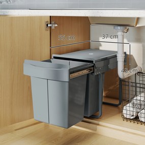 HOMCOM Wysuwany kosz na śmieci, 2 x 20 L, wyjmowane pojemniki, tworzywo sztuczne, metal, szary