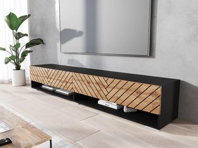 Nowoczesna szafka RTV 180 cm – korpus czarny mat, fronty czarny wotan MDF jodełka, bezuchwytowa, stojąca lub wisząca