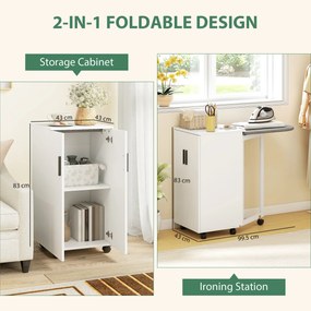 HOMCOM 2-w-1 składana szafka na deskę do prasowania na kółkach z deską do prasowania i regulowaną półką do małych pomieszczeń, Biała | Aosom PL