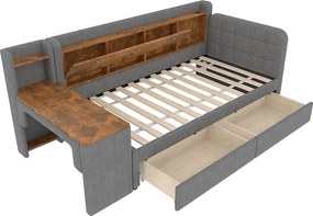 Sofa rozkładana 90x200 cm, szary len, łóżko dla dorosłych z biurkiem i 2 szufladami, port USB - bez materaca