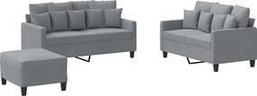 Zestaw 3-częściowy sofa jasnoszara z tkaniny poliestrowej z 2 sofami dwuosobowymi i pufem, poduszki w zestawie