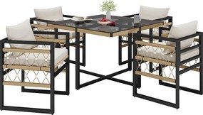 Zestaw wypoczynkowy ogrodowy 4-osobowy, tkany ręcznie - z 4 poduszkami + 1 stolik + 4 fotele - metalowy - beżowy + czarny