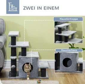 PawHut Drapak dla kotów schodki z piłką i domkiem regulowana wysokość czarno-szary 60x40x66cm | Aosom PL