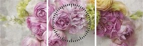 Obraz - Kwiaty na ścianie w pastelowych kolorach (z zegarem) (90x30 cm)