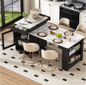 Rozkładany stół barowy z wyjmowanym blatem - 80 x 71/111/151 x 92 cm - z drzwiami + szufladą - MDF + szkło - biały + czarny