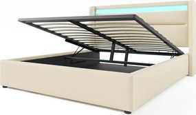 Łóżko z pojemnikiem 160x200cm z ekoskóry z LED - z stelażem na listwy - Białe