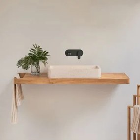 Zestaw Mebli Łazienkowych 130x45 Cm Wiszący Z Drewna Tekowego Neill Drewno Tekowe & Bezlusterkowiec & Czarny Matowy Zlewozmywak Wpuszczany Z Zaworem S
