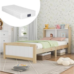 Łóżko dziecięce 90x200 cm - z zagłówkiem, schowkiem, półkami, stelażem - drewno - białe - materac w cenie