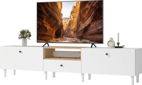HOMCOM Komoda RTV 200 cm do telewizorów do 228,6 cm, 2 klapy, otwarta półka, szuflada, 8 nóg, płyta wiórowa, biały
