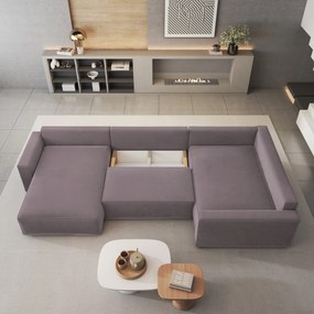 Masseno Narożnik VELAMI z funkcją spania i pojemnikiem na pościel Narozniki U, Rozkładana sofa - Wrzosowy, MONOLITH 62