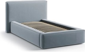 Jasnoniebieskie tapicerowane łóżko jednoosobowe ze schowkiem ze stelażem 90x200 cm Jodie – Micadoni